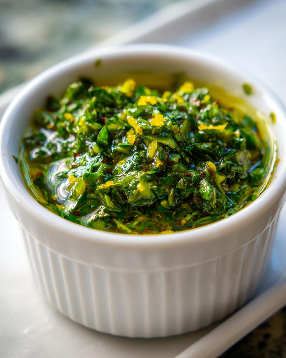 Close-up of vibrant green Mint gremolata, glistening with oil and flecks of yellow zest, served in a small white bowl.