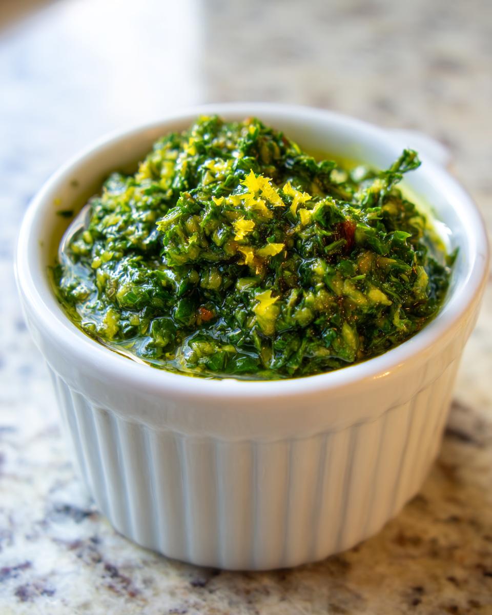 Close-up of bright green, chunky Mint gremolata topped with lemon zest in a small white ramekin.