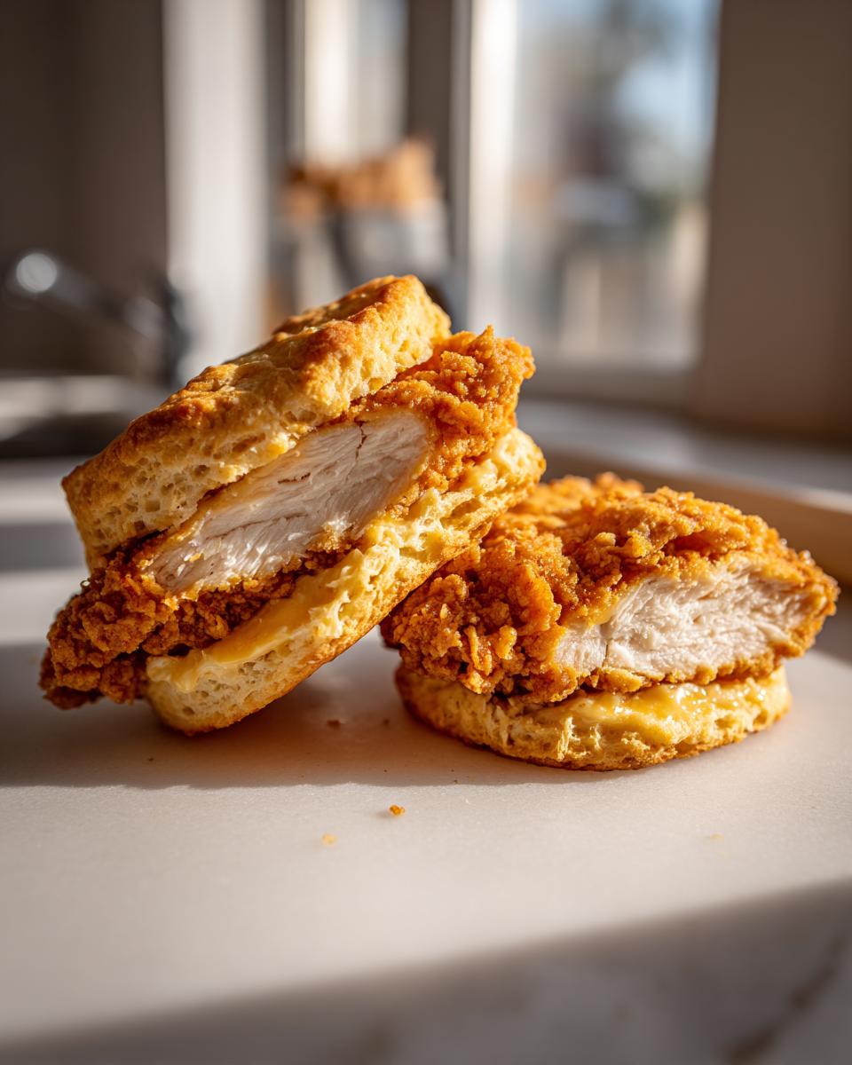 Two halves of a perfectly made fried chicken biscuits, showing the crispy coating and juicy white meat inside.