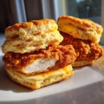 Close-up of two fluffy fried chicken biscuits, one showing a cross-section of crispy chicken, butter, and honey.