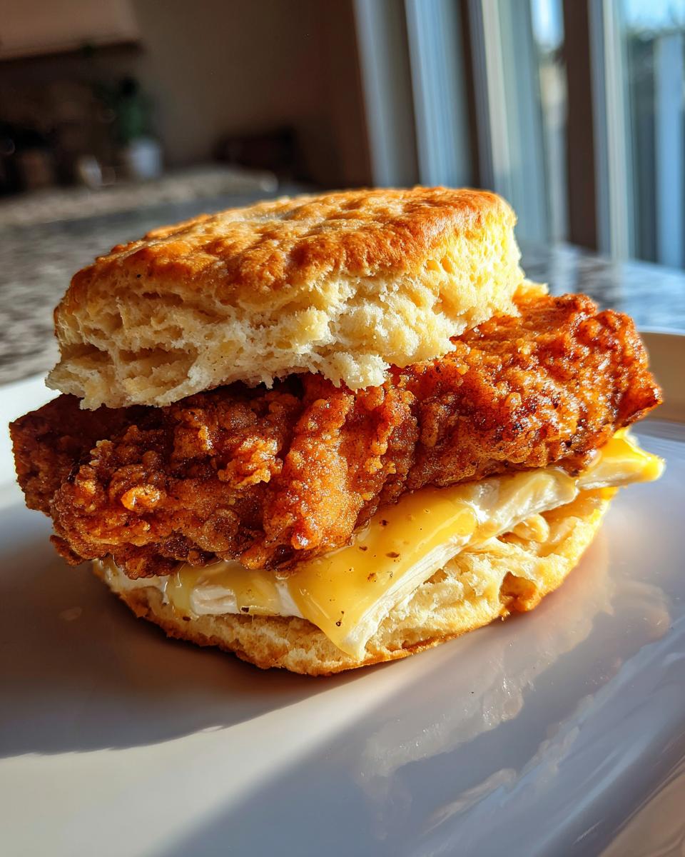 A close-up of a golden, flaky biscuit sandwich filled with crispy fried chicken, melted cheese, and a hint of sauce.
