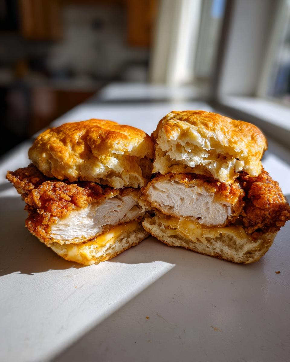 A close-up of two halves of a fried chicken biscuits sandwich, showing flaky biscuit layers, juicy white meat chicken, and melted cheese.
