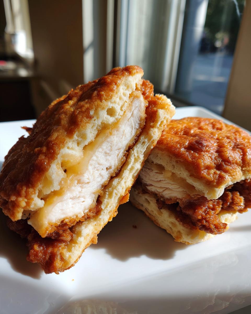 Close-up of a fried chicken biscuits sandwich cut in half, showing crispy coating and juicy chicken inside a fluffy biscuit.