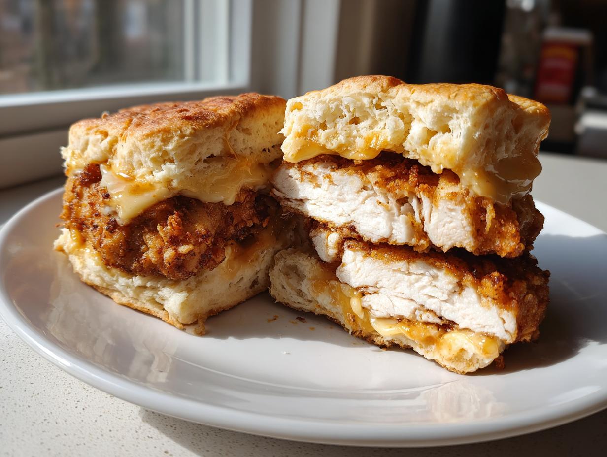 A cross-section view of two stacked fried chicken biscuits, showing crispy chicken, melted cheese, and honey drizzle.