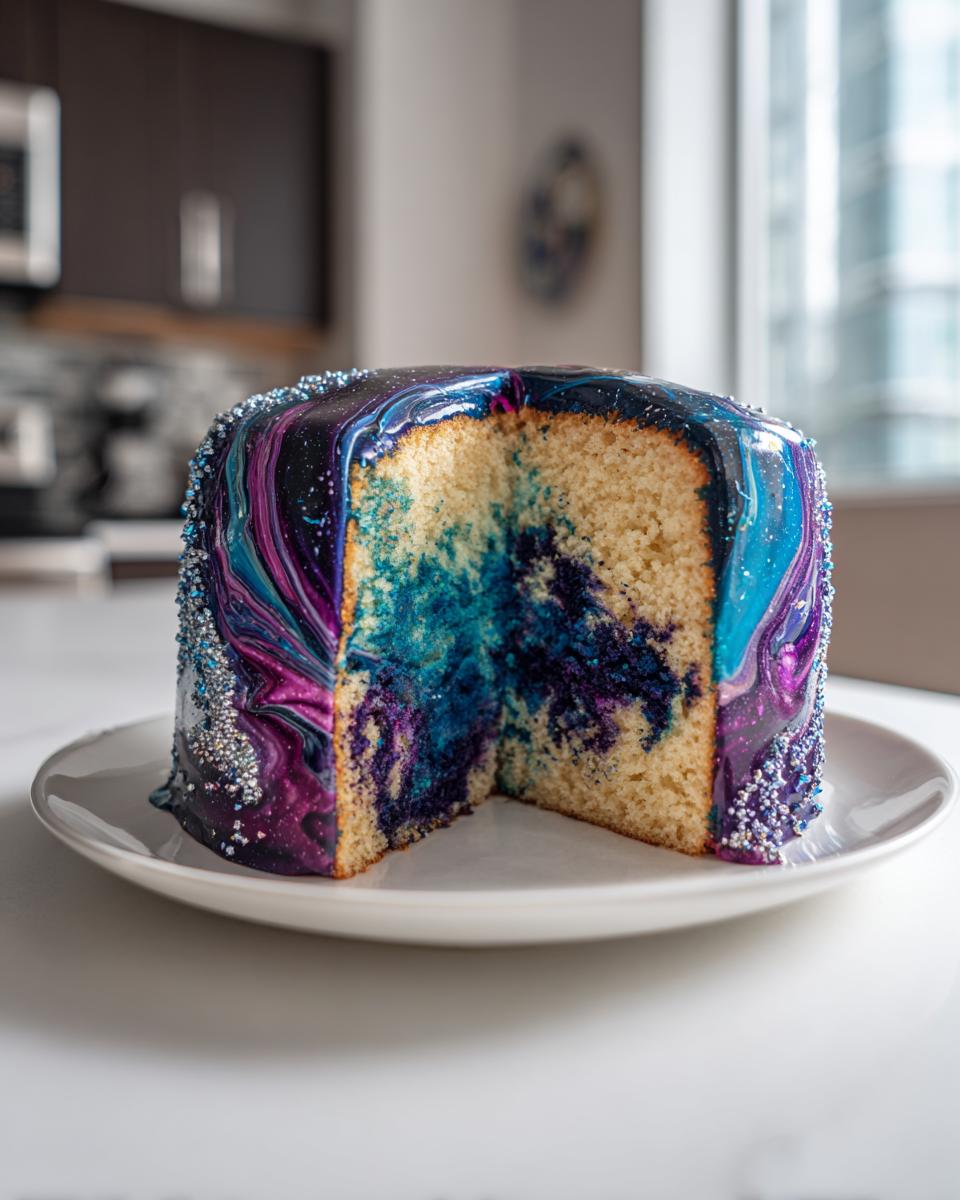 A cross-section view of a Galaxy cake showing the marbled blue and purple interior and shiny mirror glaze exterior.