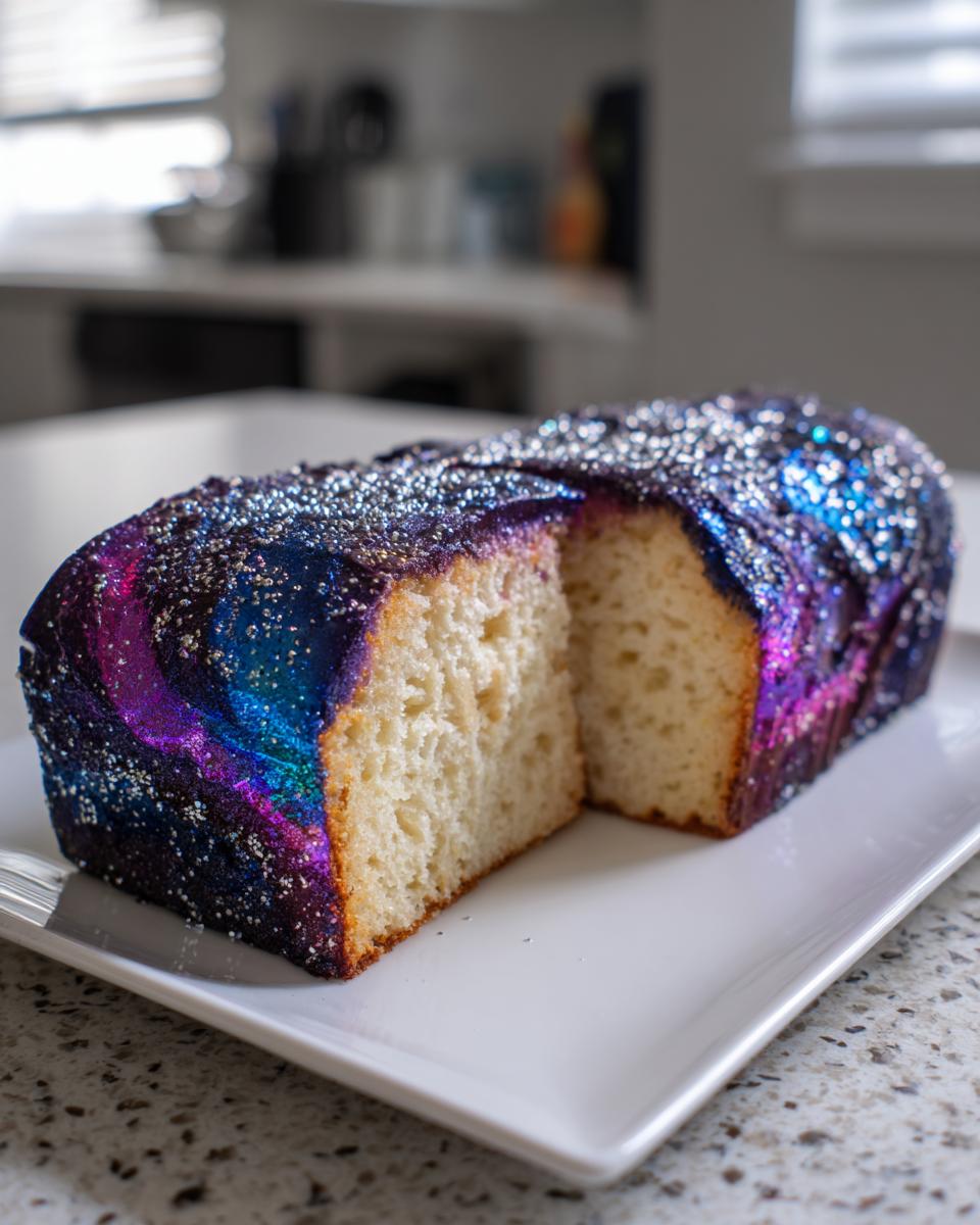 A loaf-shaped Galaxy cake cut in half, revealing a light interior and a vibrant, shimmering blue and purple mirror glaze.