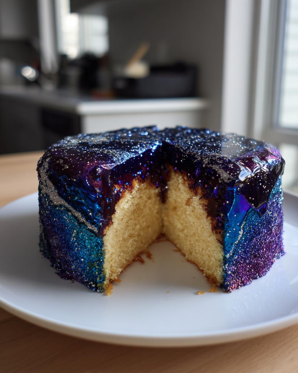 A cross-section view of a round Galaxy cake showing the vanilla interior and vibrant blue/purple mirror glaze exterior.