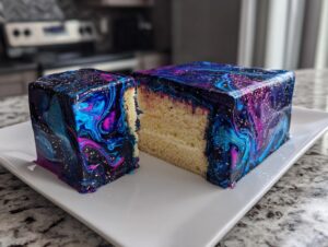 Two square pieces of Galaxy cake showing the interior vanilla sponge and vibrant blue, purple, and pink mirror glaze.