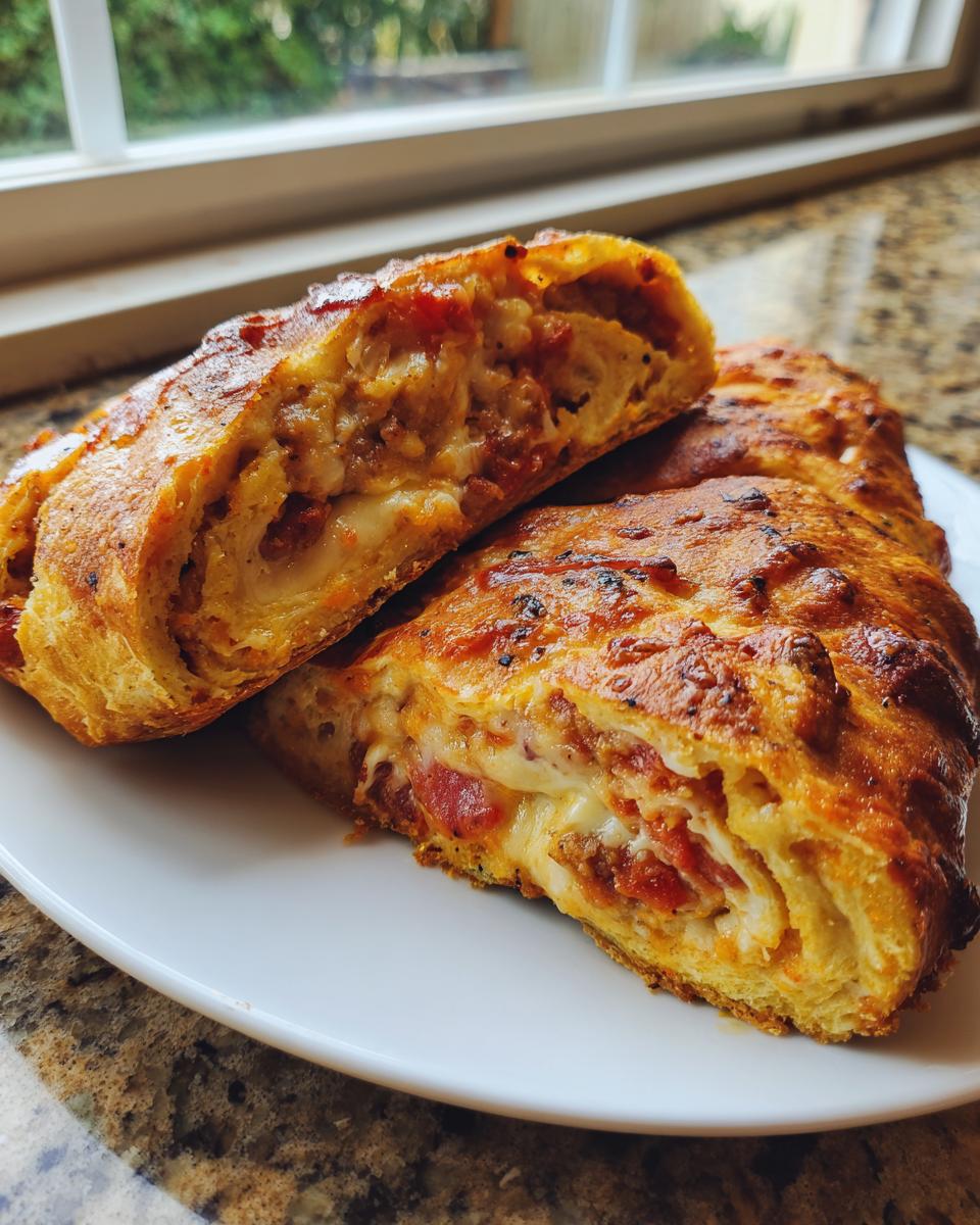 Two slices of baked Garbage bread recipe showing a rich filling of melted cheese, meat, and sauce inside golden dough.