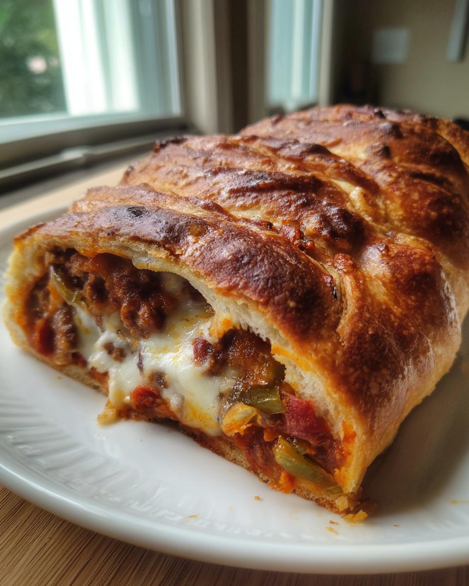 A cross-section slice of baked Garbage bread recipe showing a rich, meaty filling, melted mozzarella cheese, and green peppers inside a golden crust.