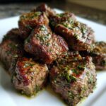 Close-up of juicy, seared Garlic Butter Steak Bites piled high and glistening with herbs and butter sauce.