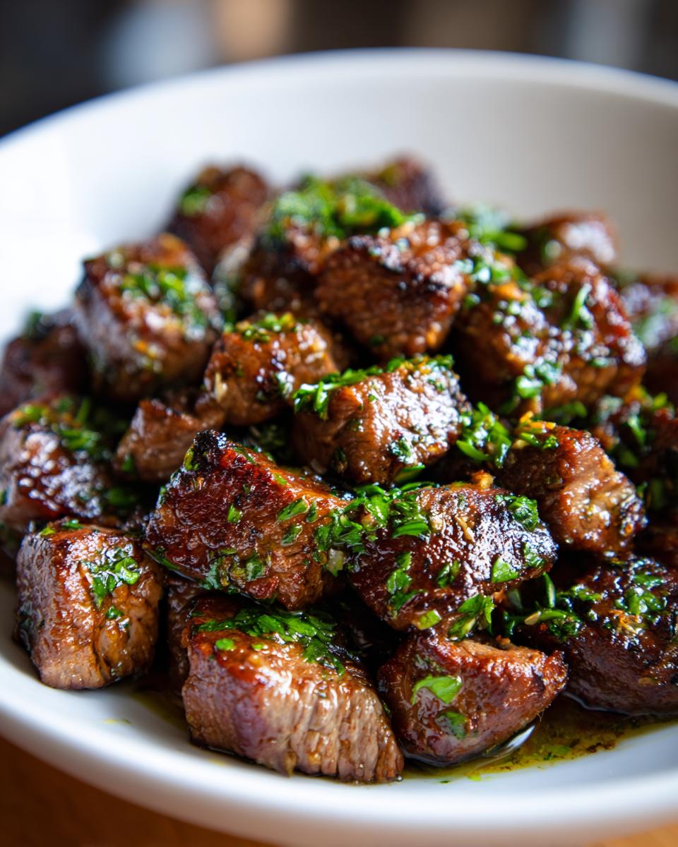Close-up of perfectly seared Garlic Butter Steak Bites glistening with sauce and topped with fresh chopped parsley in a white bowl.