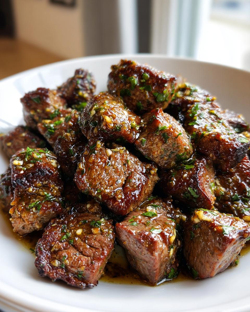 Close-up of juicy, seared garlic butter steak bites coated in a rich sauce and fresh parsley.