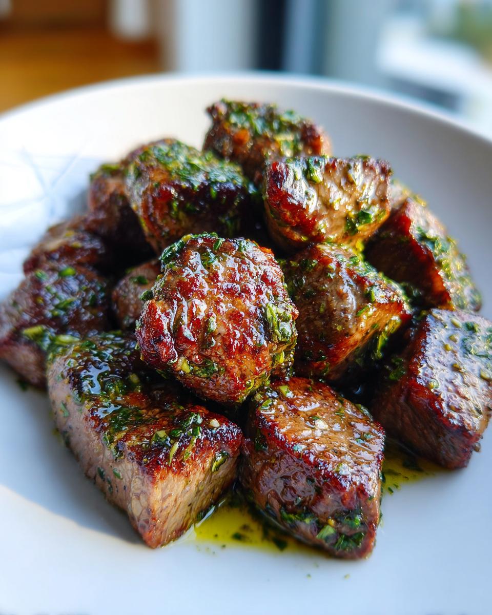 Close-up of juicy, seared Garlic Butter Steak Bites piled high on a white plate, glistening with herb butter sauce.