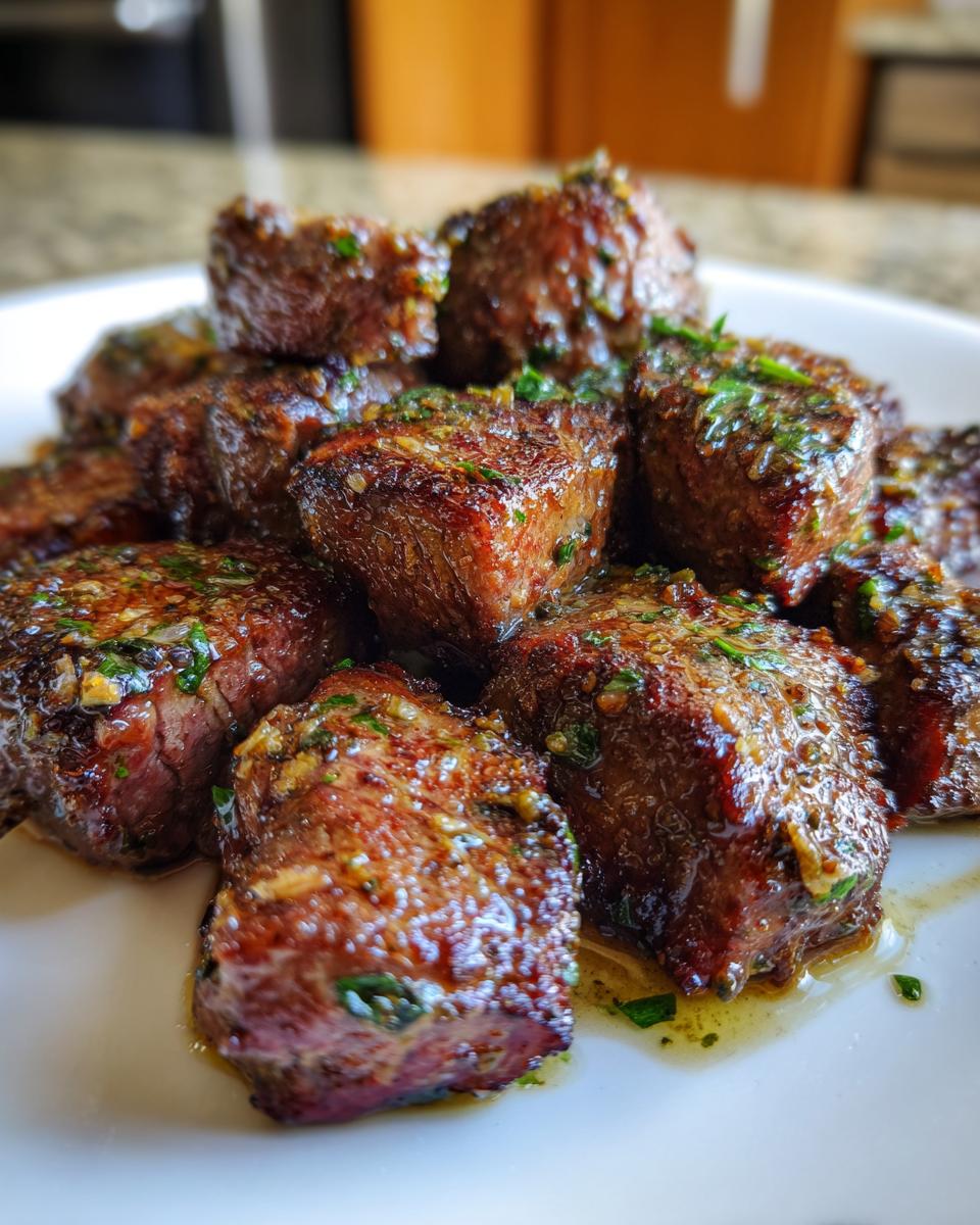 A pile of perfectly seared garlic butter steak bites glistening with sauce and topped with parsley.