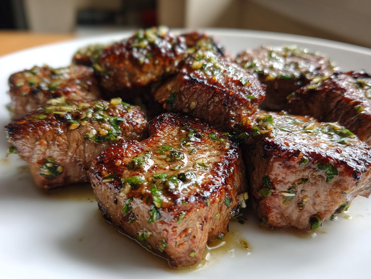 Close-up of several juicy, seared Garlic Butter Steak Bites drizzled with a rich garlic and herb sauce.