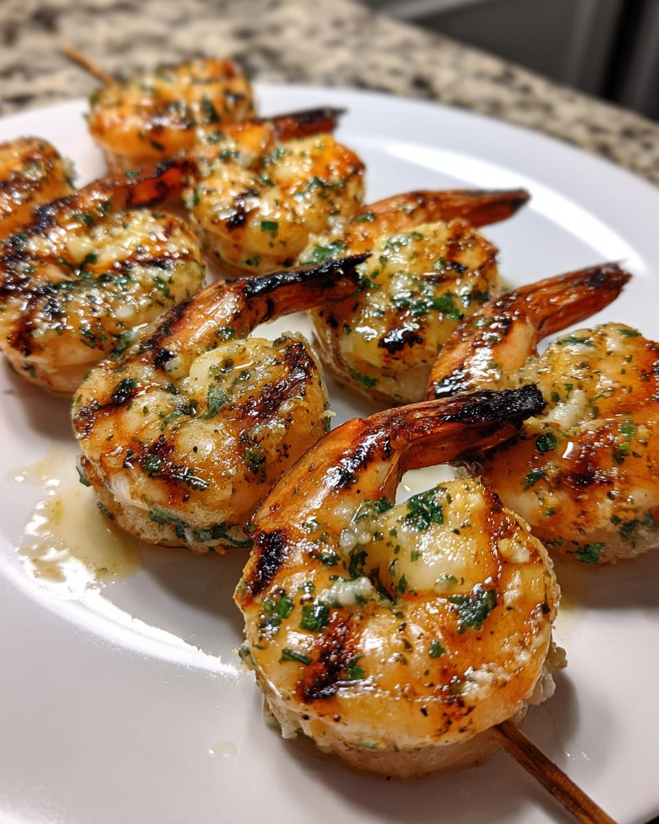 Close-up of perfectly grilled Garlic Herb Grilled Shrimp Skewers glistening with butter and herbs on a white plate.