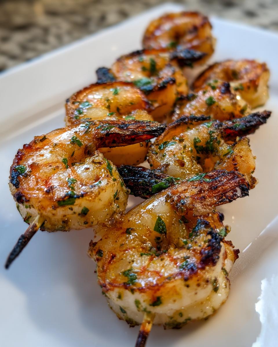 Close-up of perfectly grilled garlic herb grilled shrimp skewers, glistening with marinade and herbs, served on a white platter.