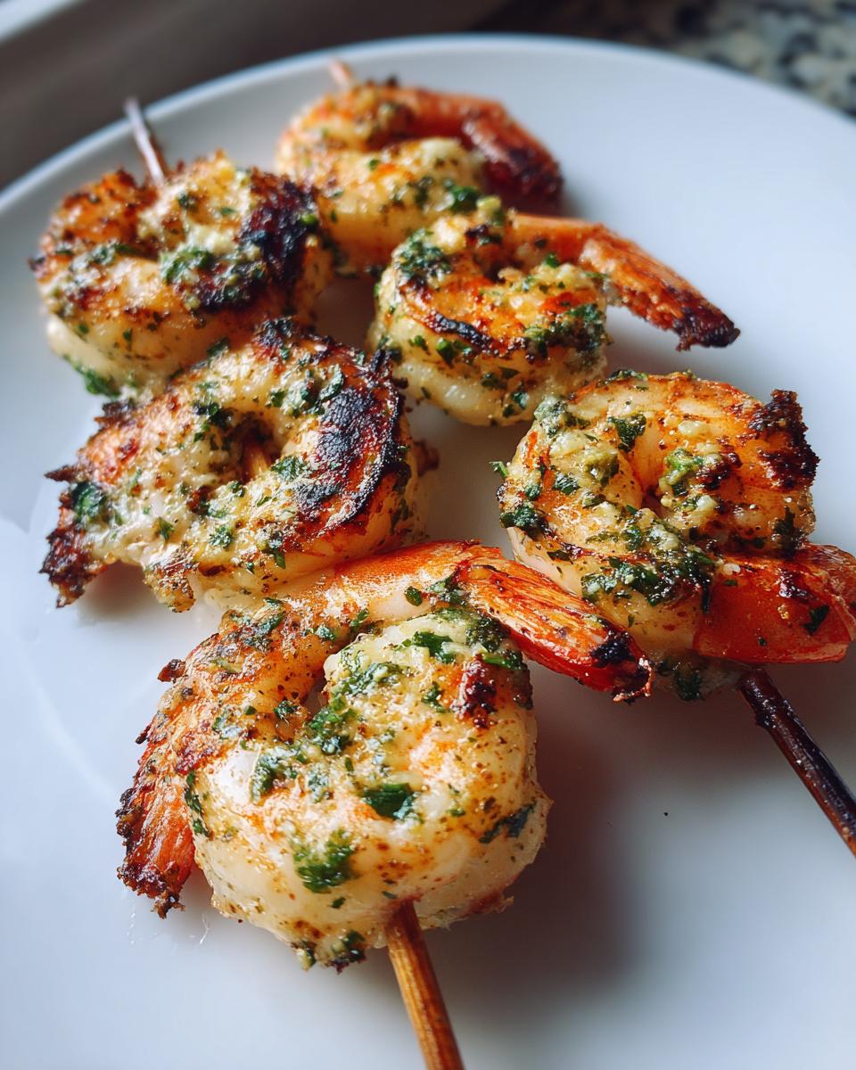 Close-up of perfectly grilled Garlic herb grilled shrimp skewers coated in bright green herbs and seasoning.