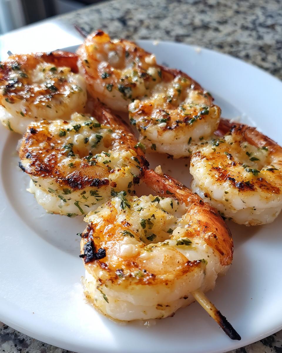 Close-up of perfectly grilled Garlic Herb Grilled Shrimp Skewers, glistening with butter and herbs, resting on a white plate.
