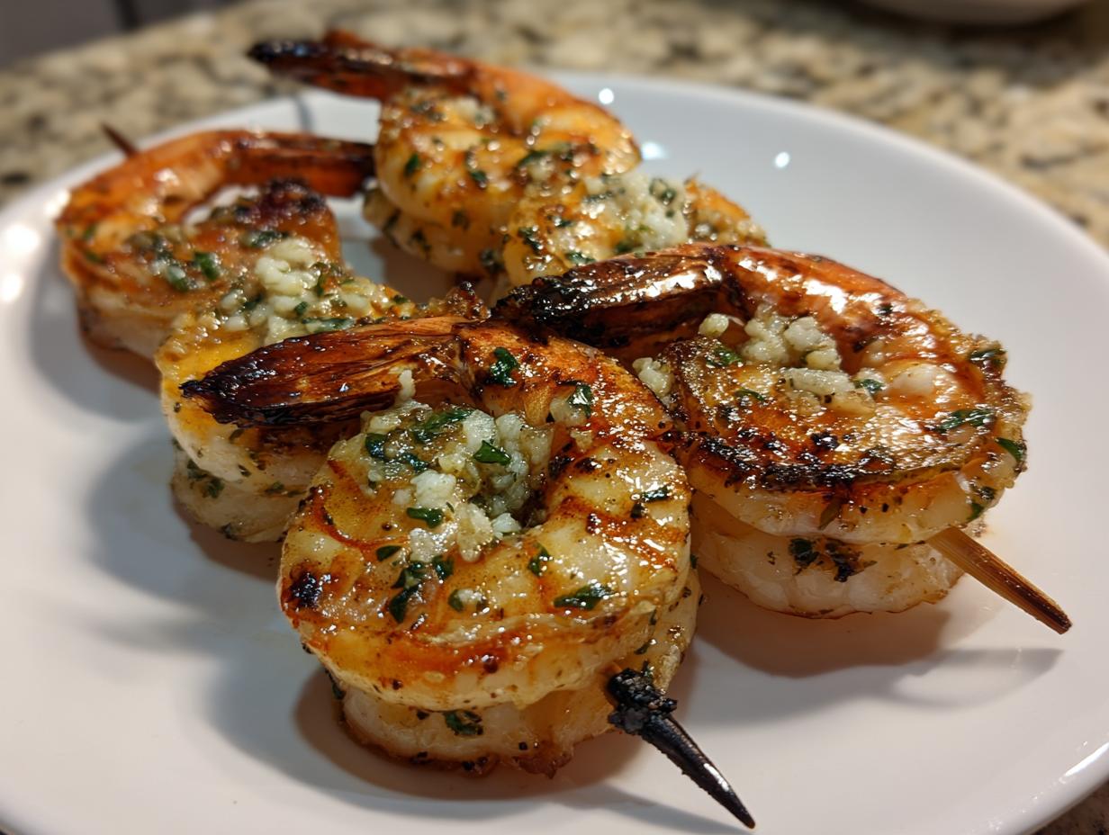 Close-up of perfectly grilled Garlic Herb Grilled Shrimp Skewers, glistening with butter and topped with minced garlic and parsley.