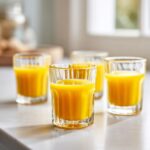 Four small glasses filled with bright orange Ginger lemon turmeric shots sitting on a white countertop.