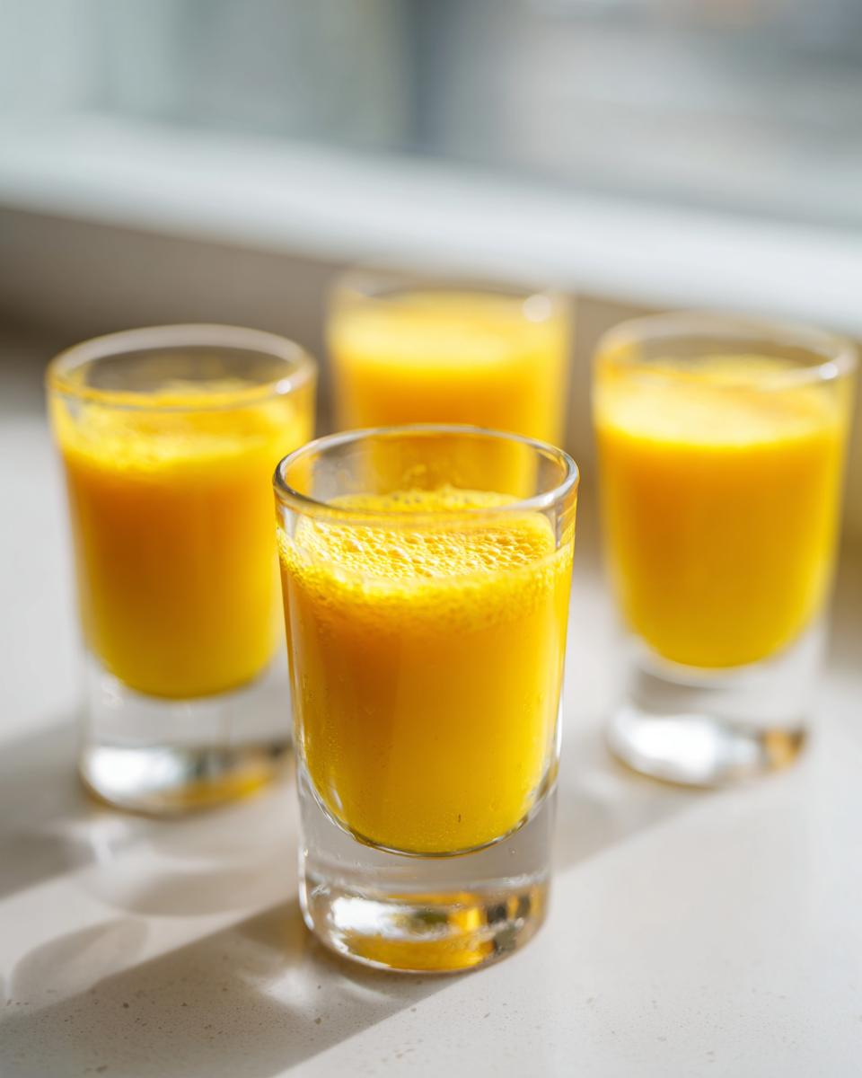 Four small glasses filled with bright yellow Ginger Lemon Turmeric Shots sitting on a white counter.