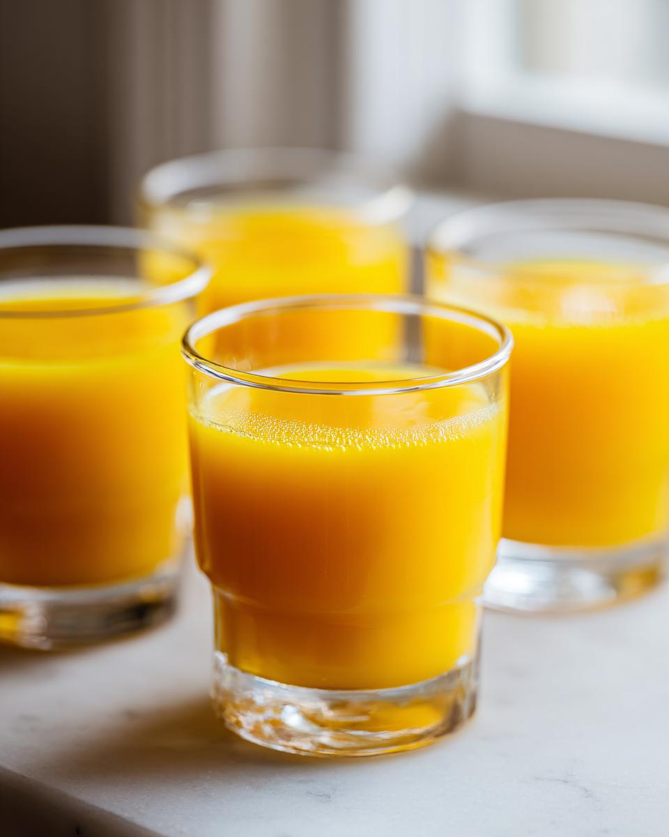Four small glasses filled with bright orange Ginger lemon turmeric shots sitting on a white marble surface.