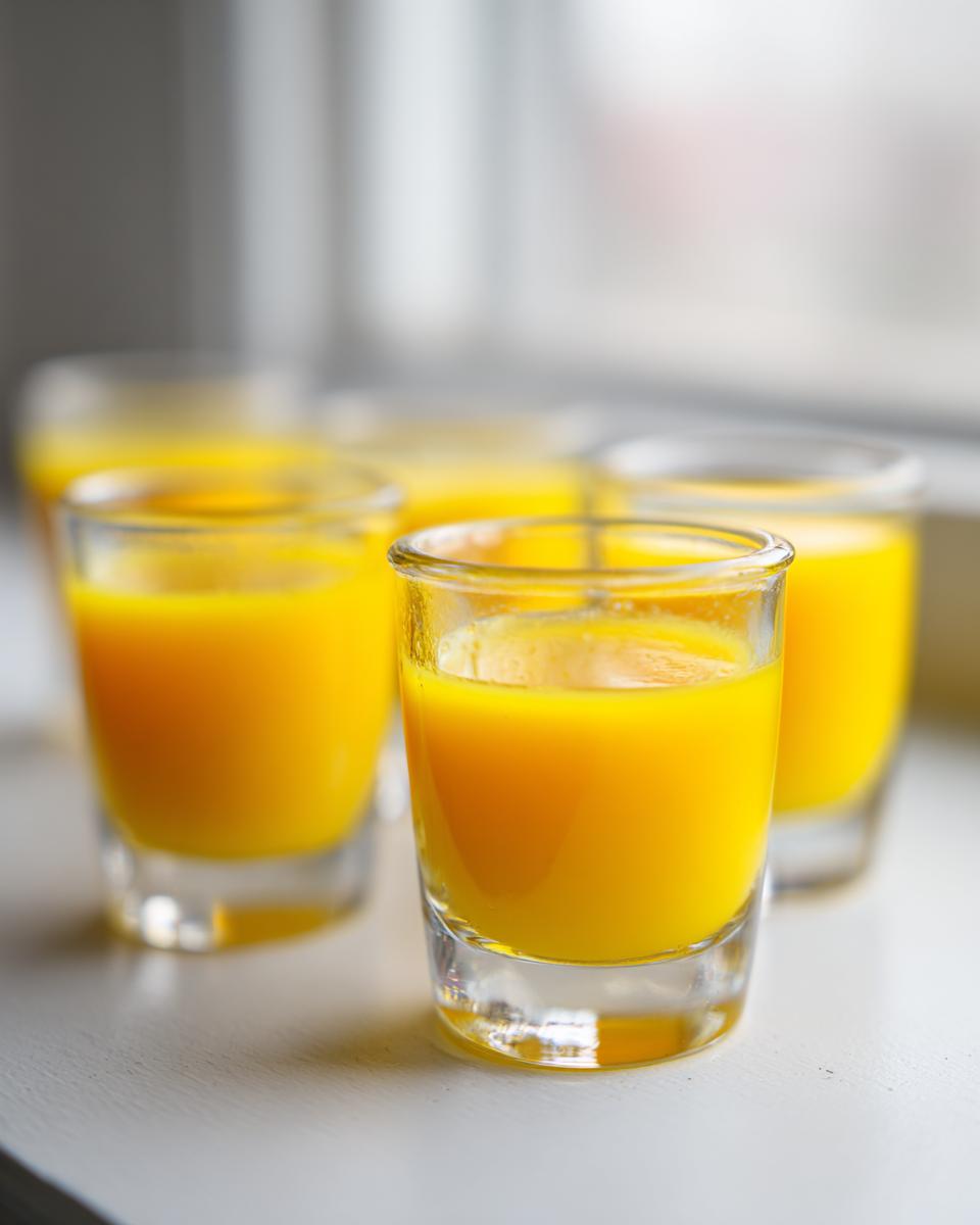 Close-up of several bright orange Ginger lemon turmeric shots in small glasses lined up on a white surface.