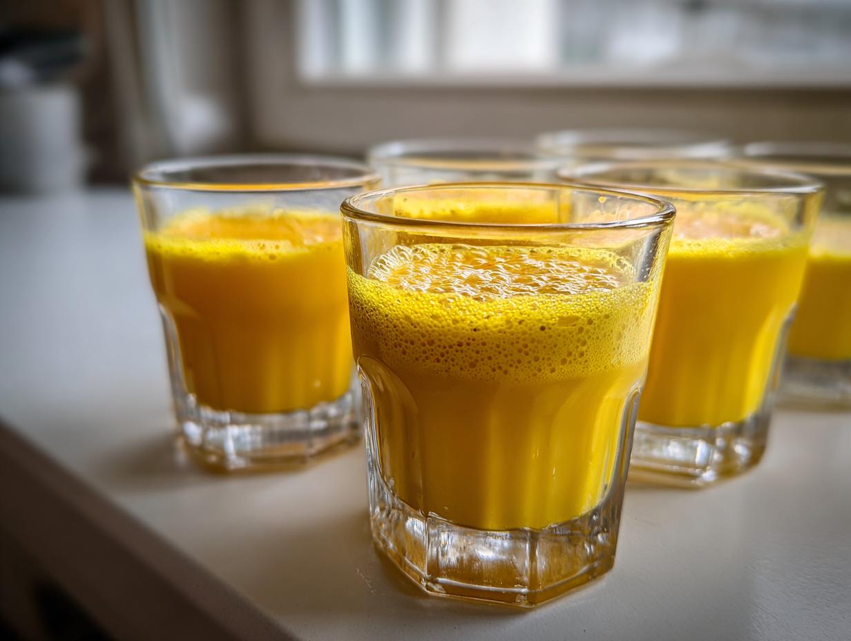 Several small glasses filled with vibrant yellow Ginger lemon turmeric shots, featuring a foamy top layer.