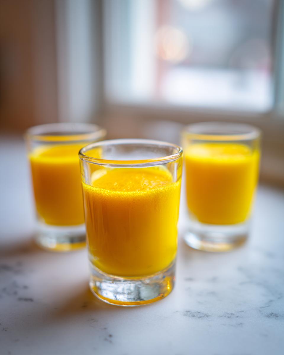 Three vibrant yellow Ginger lemon turmeric shots served in small glasses on a white marble surface.