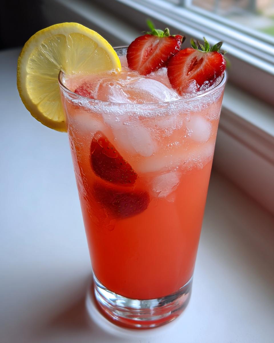 A tall glass filled with bright pink Strawberry Lemonade, ice, sliced strawberries, and a lemon wheel garnish.