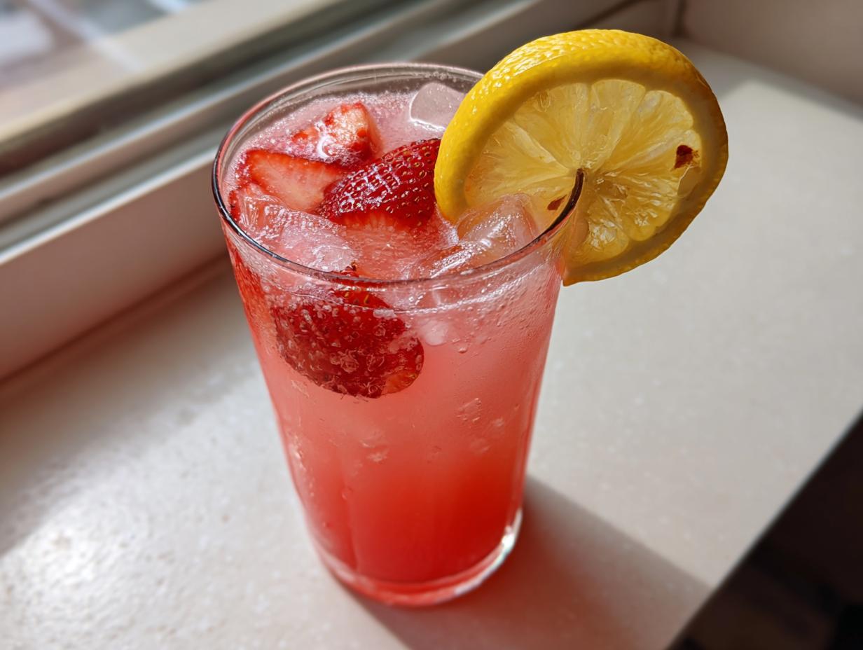 Close-up of a tall glass filled with pink strawberry lemonade, ice, fresh strawberry slices, and a lemon wheel garnish.