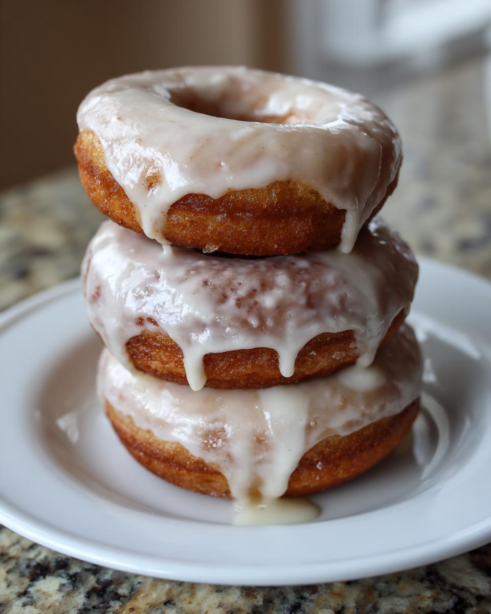 A stack of three golden-brown, glazed Apple pie donuts sitting on a white plate.