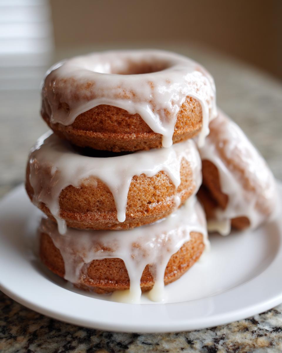A stack of three glazed Apple pie donuts on a white plate, with icing dripping down the sides.