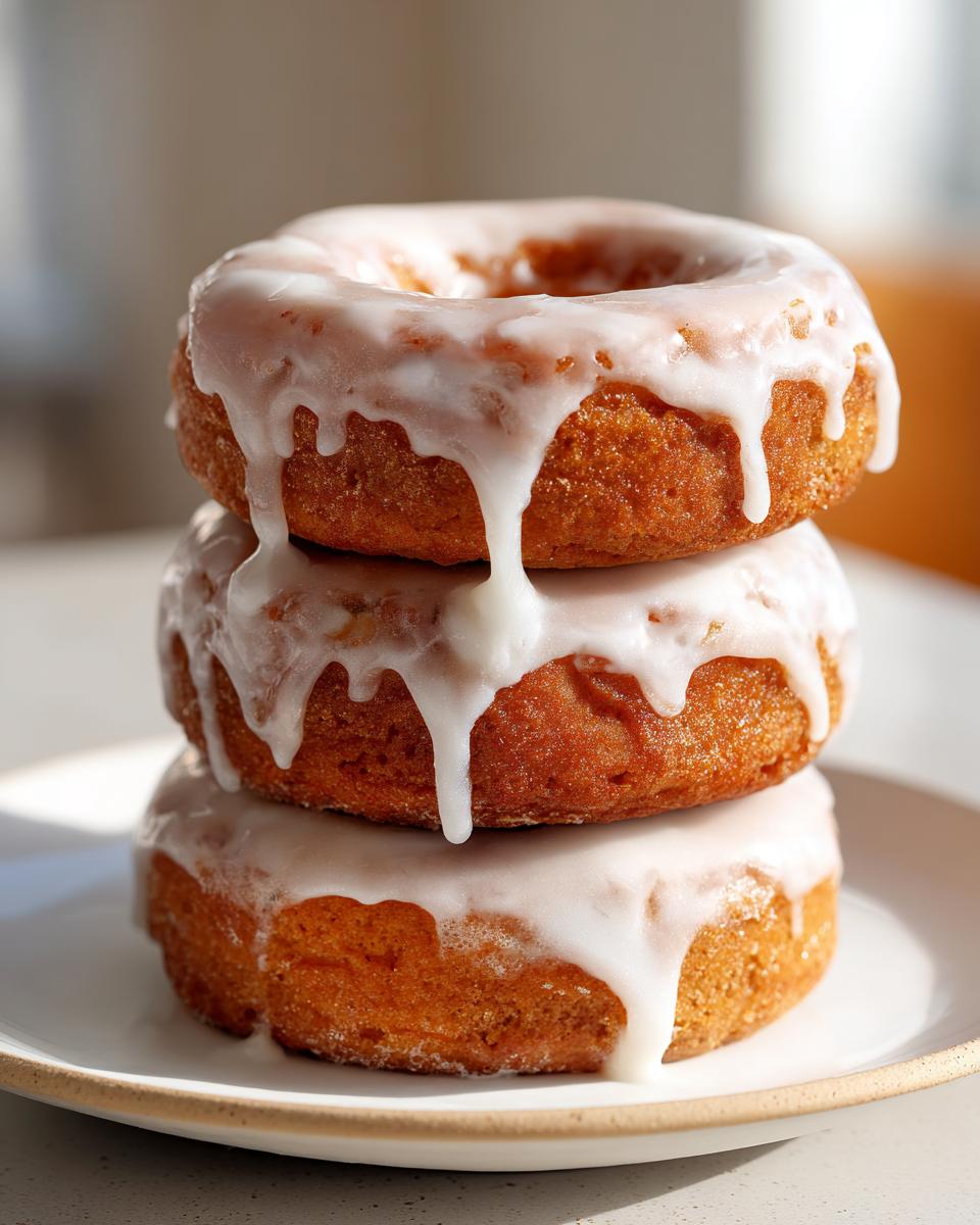 Three stacked, golden-brown apple pie donuts covered in thick, dripping white glaze.