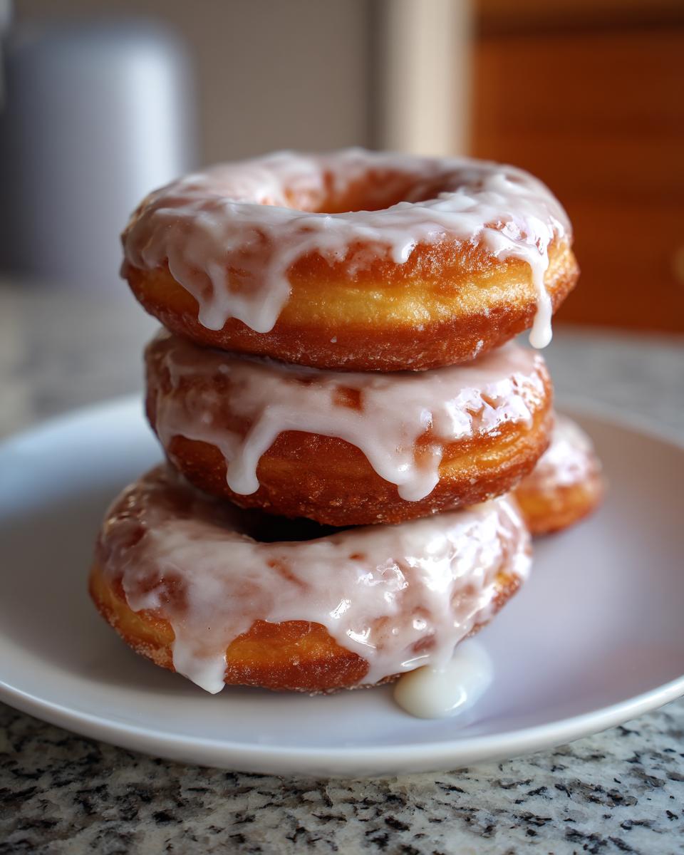 Three glazed apple pie donuts stacked on a white plate with white icing dripping down.