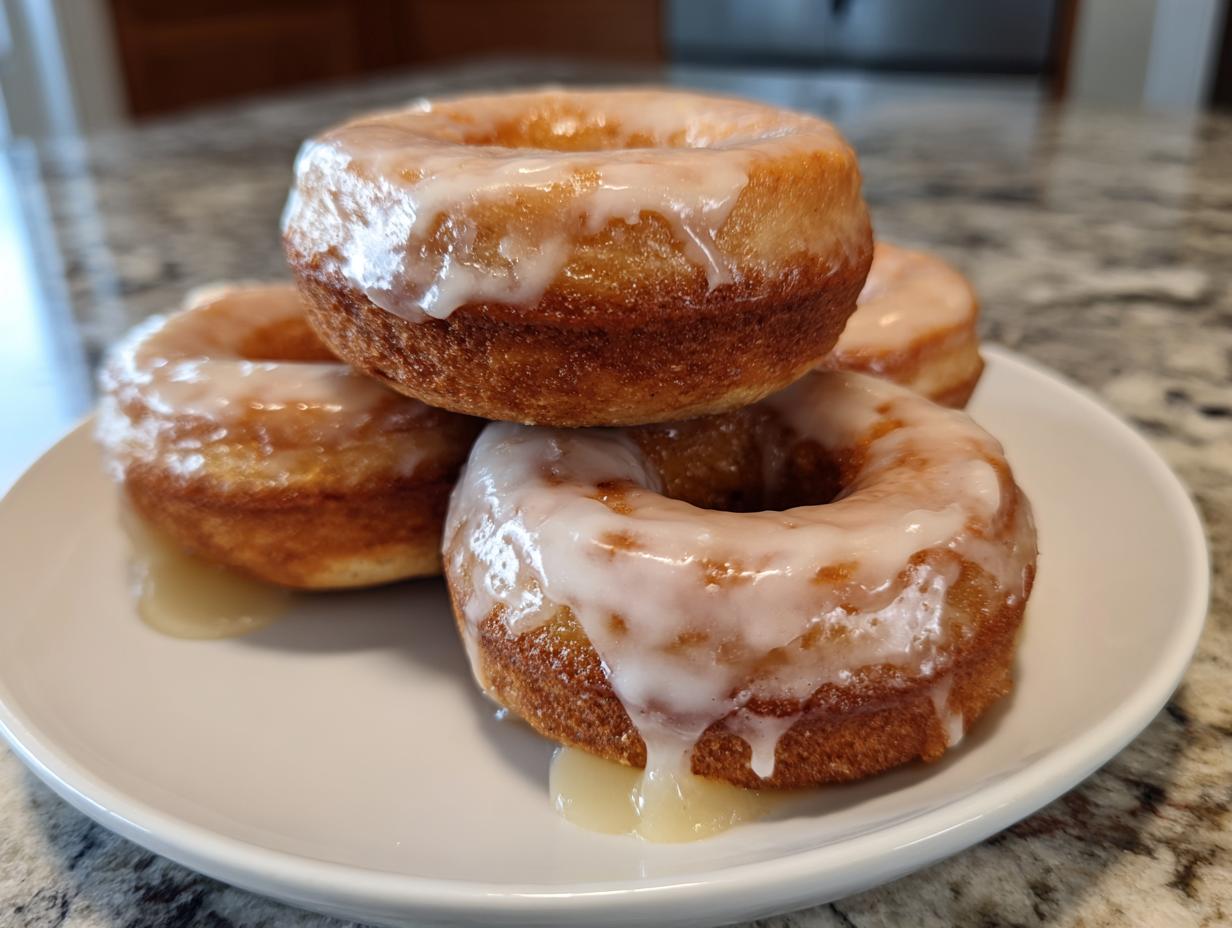 A stack of four golden brown, glazed Apple pie donuts piled on a white plate with excess glaze dripping onto the surface.