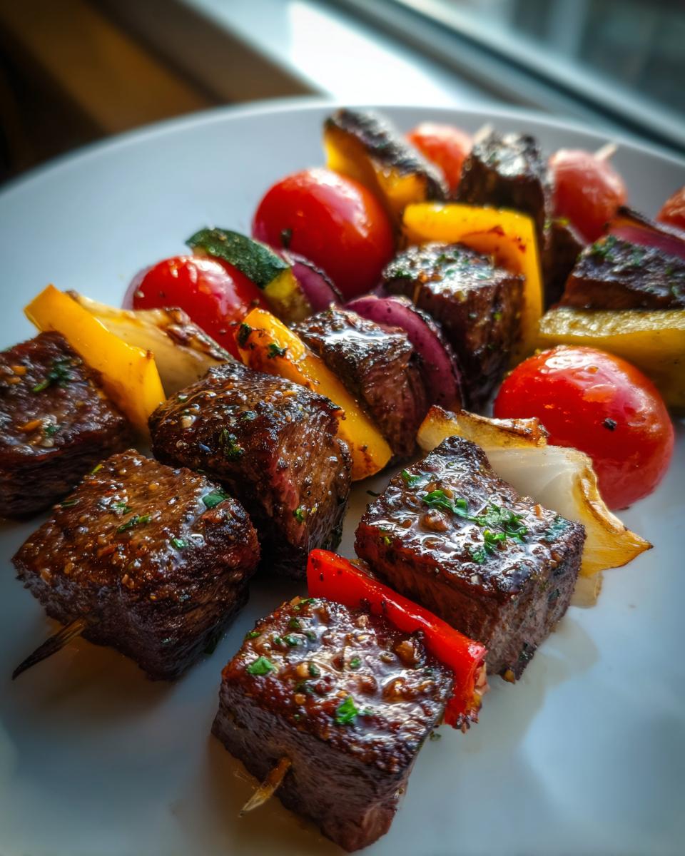 Close-up of perfectly cooked, glazed grilled steak kabobs interspersed with colorful grilled vegetables like tomatoes and peppers.