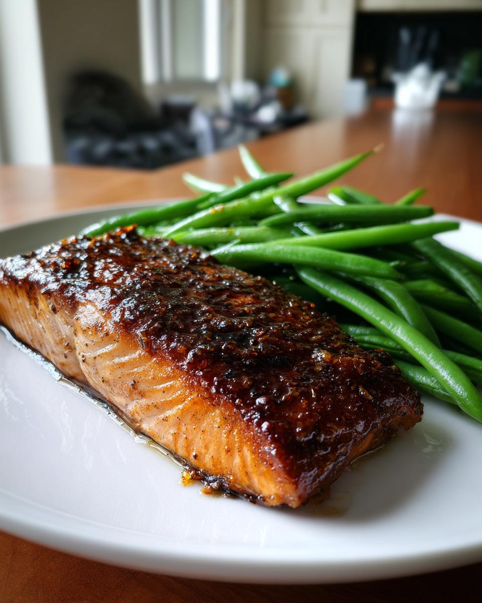 A perfectly cooked fillet of Sheet pan salmon with a dark, caramelized glaze served next to bright green beans.