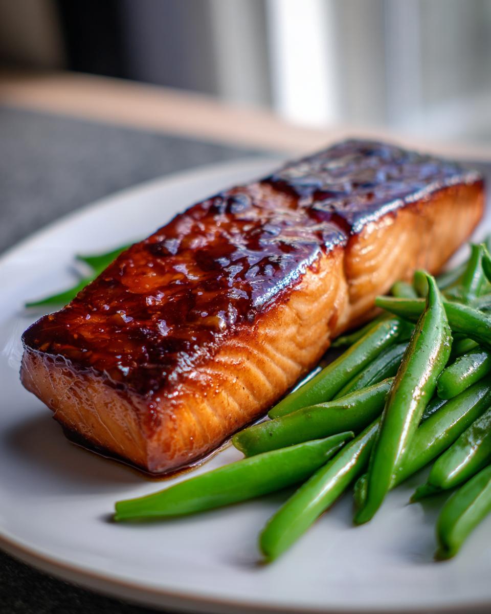A perfectly cooked piece of Sheet pan salmon with a rich, dark glaze served next to bright green beans on a white plate.