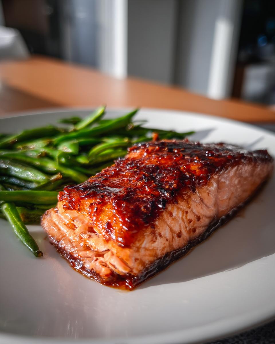 A perfectly cooked fillet of Sheet pan salmon with a dark, glossy glaze served next to bright green beans on a white plate.