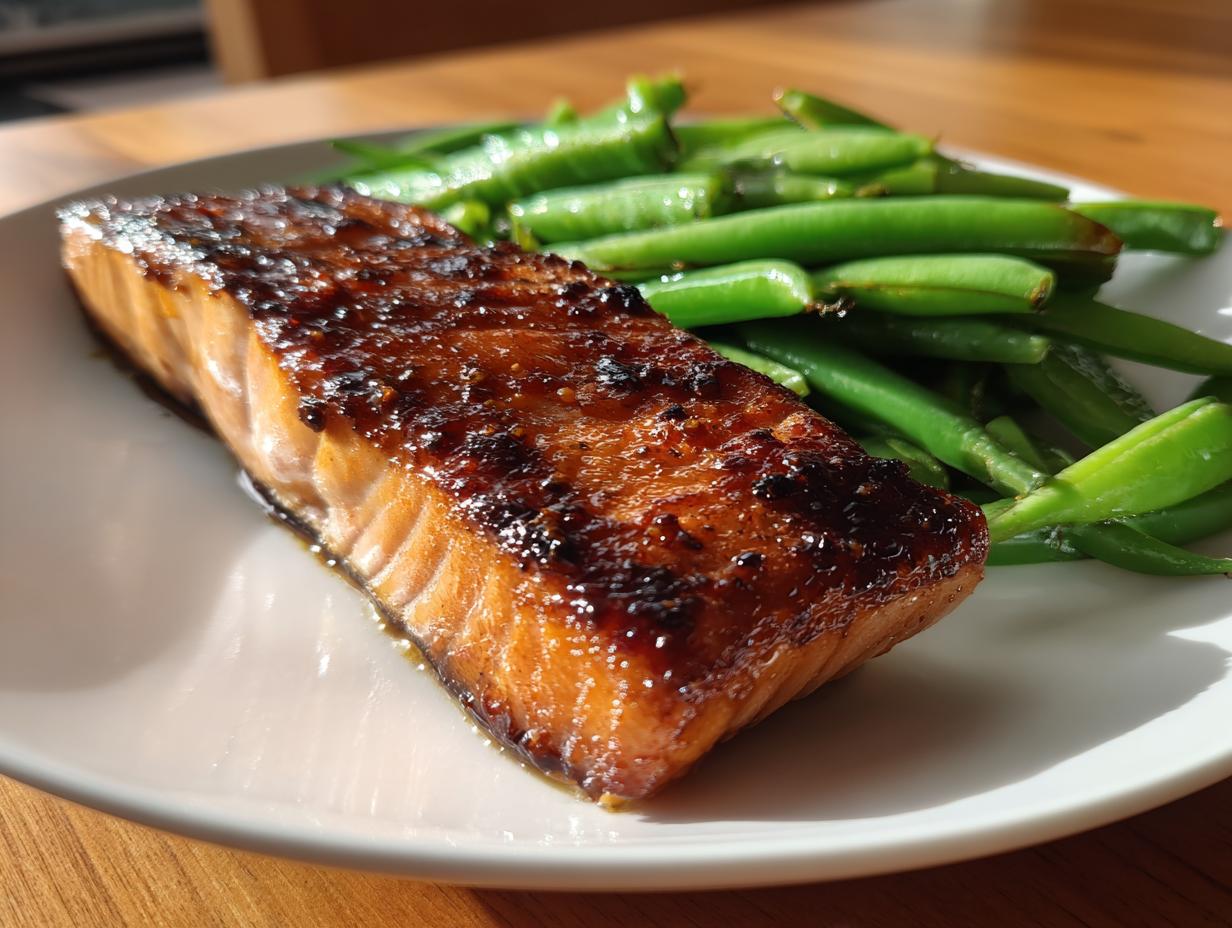 Close-up of a perfectly cooked, glazed piece of sheet pan salmon served alongside bright green beans on a white plate.