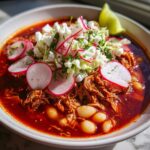 A vibrant bowl of red Pozole featuring shredded pork, hominy, and topped generously with sliced radishes, shredded cabbage, and a lime wedge.