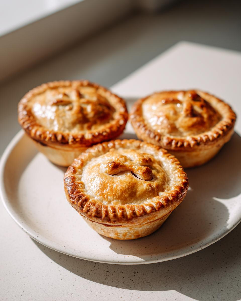Three golden brown mini apple pies with crimped edges sitting on a light speckled plate.