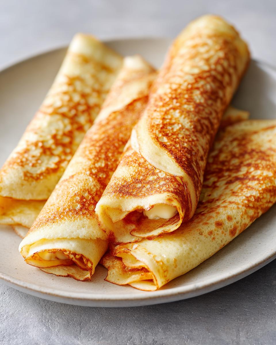 Close-up of golden, rolled cheese blintzes recipe served on a light plate, showing the creamy cheese filling.