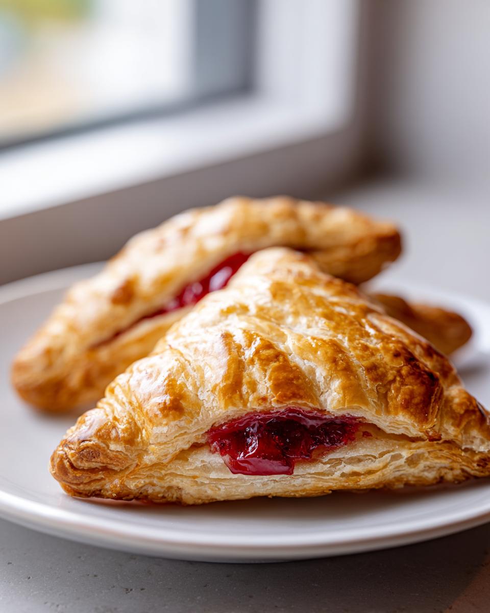 Close-up of two golden, flaky baked cherry turnovers showing the bright red cherry filling oozing slightly.