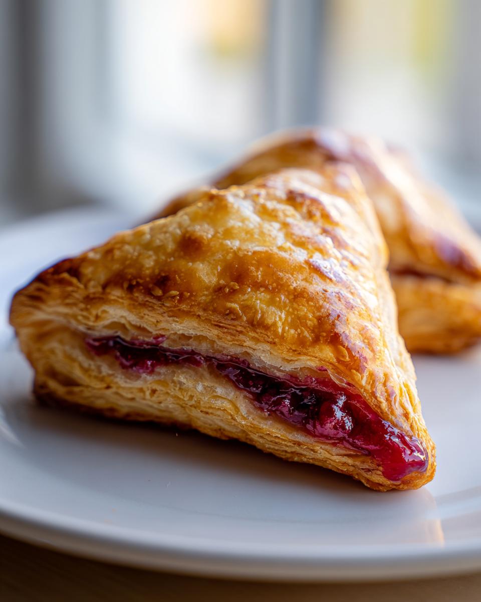Close-up of a flaky, golden-brown cherry turnover showing the rich red cherry filling spilling slightly from the pastry layers.