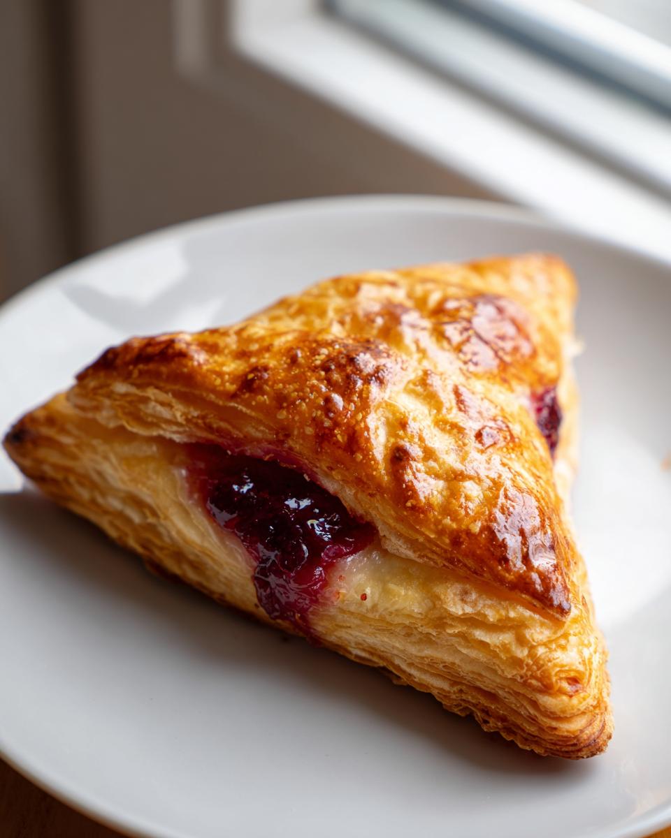 A close-up of a golden, flaky pastry triangular cherry turnovers resting on a white plate.