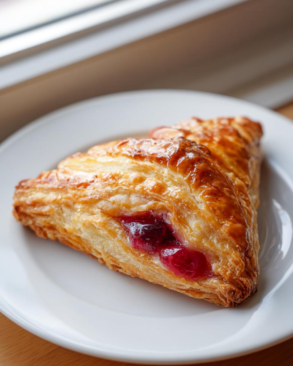 Close-up of a flaky, golden brown cherry turnover showing the bright red cherry filling peeking out.